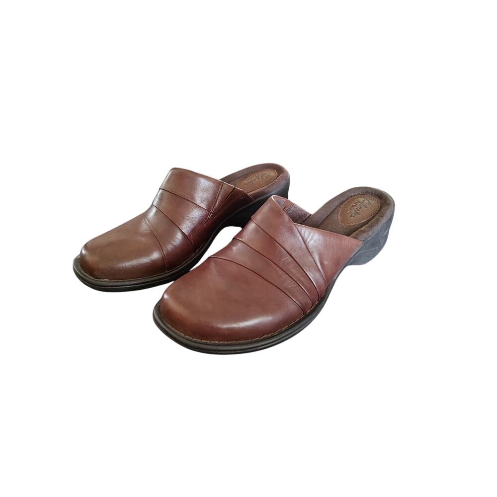 Clarks Chocolate Brown Leather Slip On Clogs Mules Women US 8 Medium